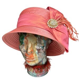 Whittall & Shon Coral Pink Church Hat Feather Rhinestone Brooch Derby Tea Party